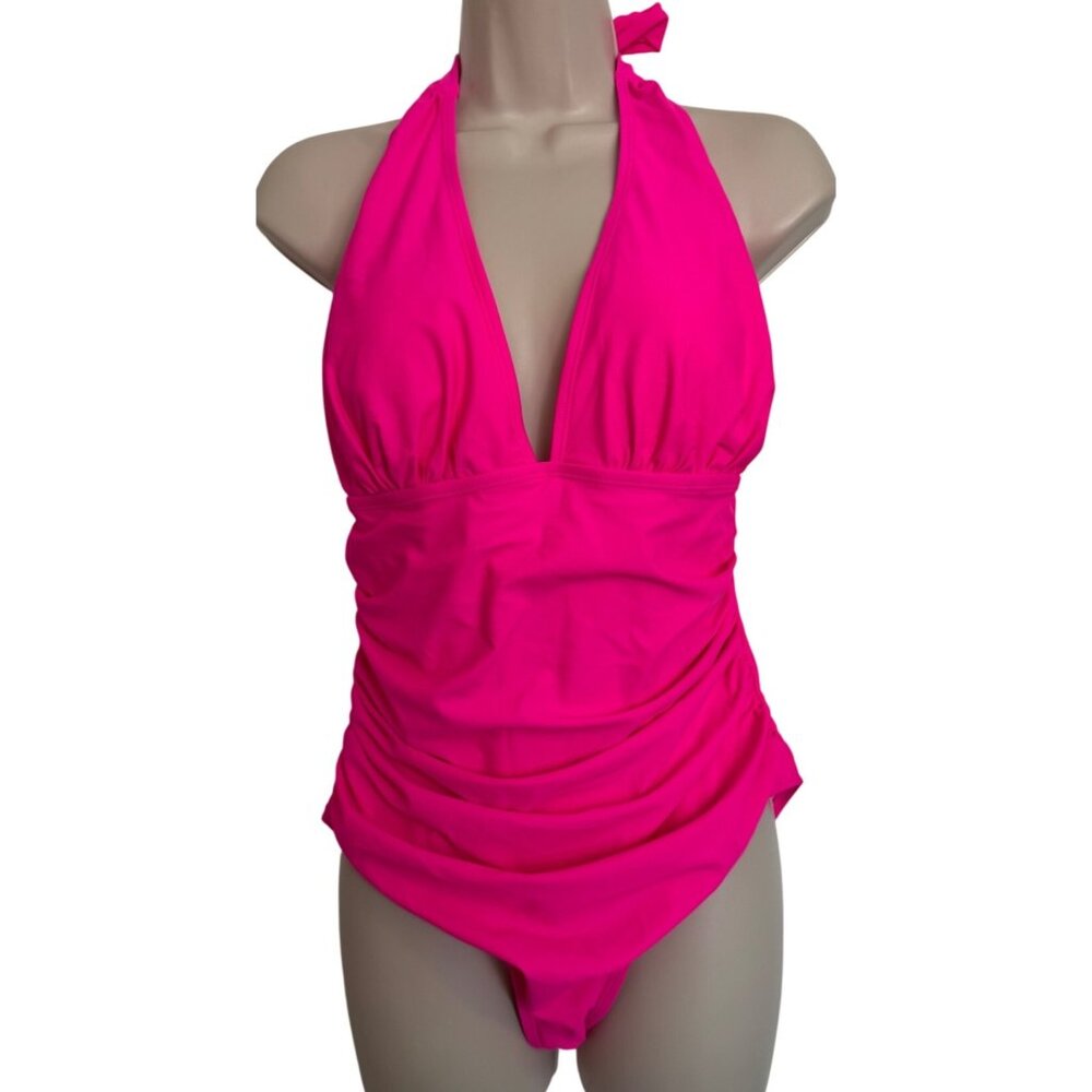 Aimage One Piece Size Large Halter Rushed Pink Swimsuit NWT Neck Rushed Padded